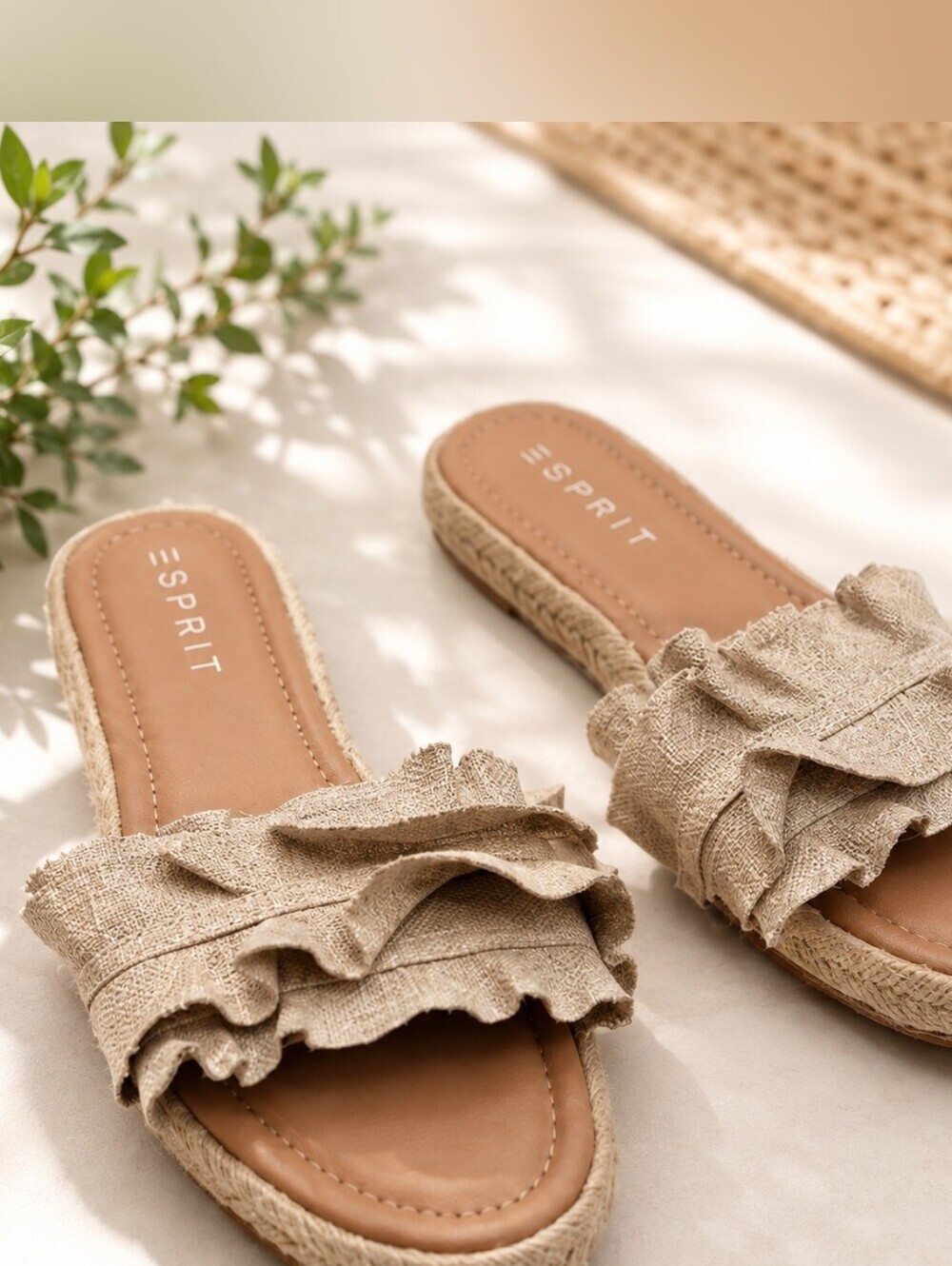 Esprit Women's Beige Ruffle Espadrille Slide Sandals Size 8